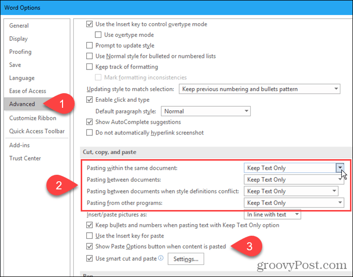 Ausschneiden, Kopieren und Einfügen von Optionen in Word-Optionen