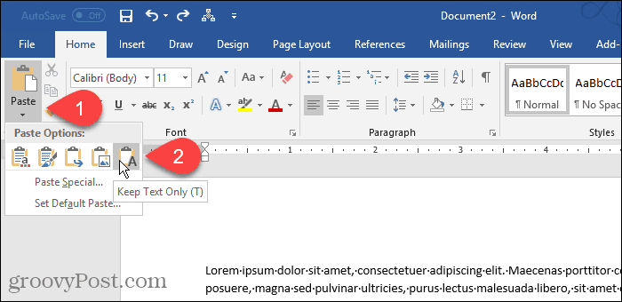 Kliknite Zalijepi, a zatim odaberite Zadrži samo tekst