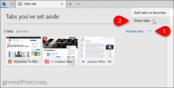 حدد علامات التبويب مشاركة لعلامات التبويب التي تم وضعها جانباً في Edge