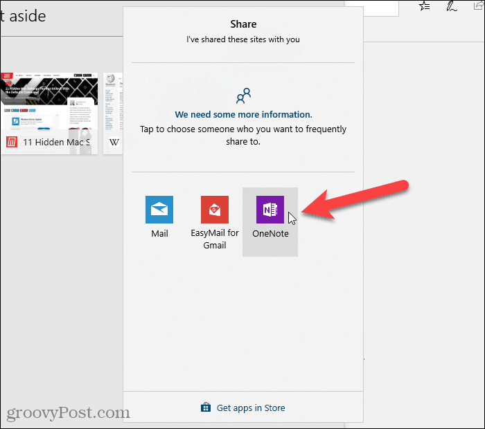 Cliquez sur une application pour partager des URL dans Edge.