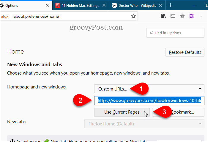 Haga clic en Usar páginas actuales para la página de inicio en Firefox