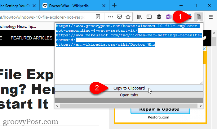 Firefox'ta tabs2txt eklentisi