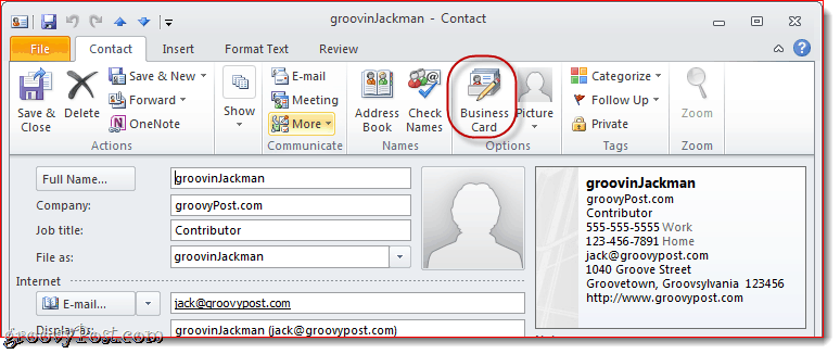 ערוך כרטיס ביקור ב- Outlook 2010