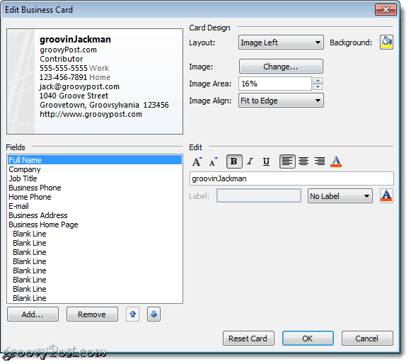 Outlook 2010에서 명함 편집