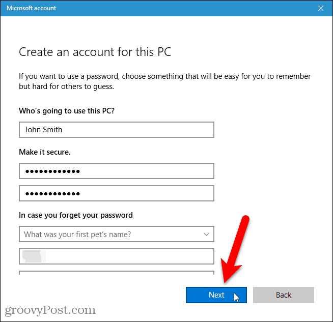 Hozzon létre egy fiókot a PC párbeszédpanelhez