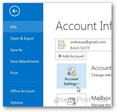 วิธีสร้างไฟล์ pst สำหรับ outlook 2013 - คลิกการตั้งค่าบัญชี