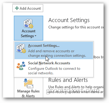 วิธีสร้างไฟล์ pst สำหรับ outlook 2013 - คลิกการตั้งค่าบัญชี