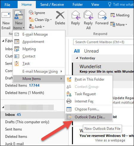 Outlook 2016 - Outlook-Datendatei erstellen - PST