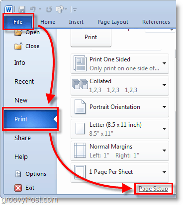 Snímek aplikace Micosoft Word 2010 vyberte v pozadí soubor> nabídku tisku a potom klepněte na tlačítko Nastavení stránky v aplikaci Word 2010