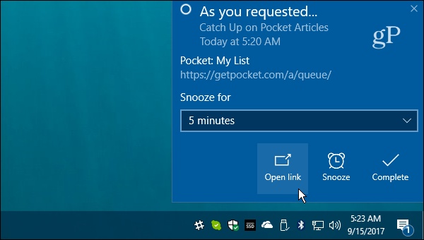 Notificação de lembrete Cortana