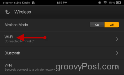 تغيير إعدادات Kindle Fire WIFI DNS و IP - انقر فوق Wi-Fi