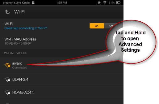 Promijenite postavke WNS-a za DNS i IP zapaliti Kindle Fire - Dodirnite i zadržite WIFI za napredni izbornik