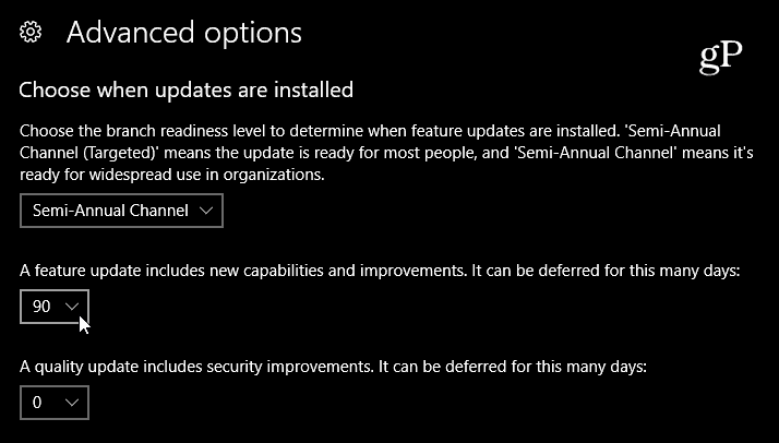 Windows 10 Özellik Güncelleme gecikmesini seçin