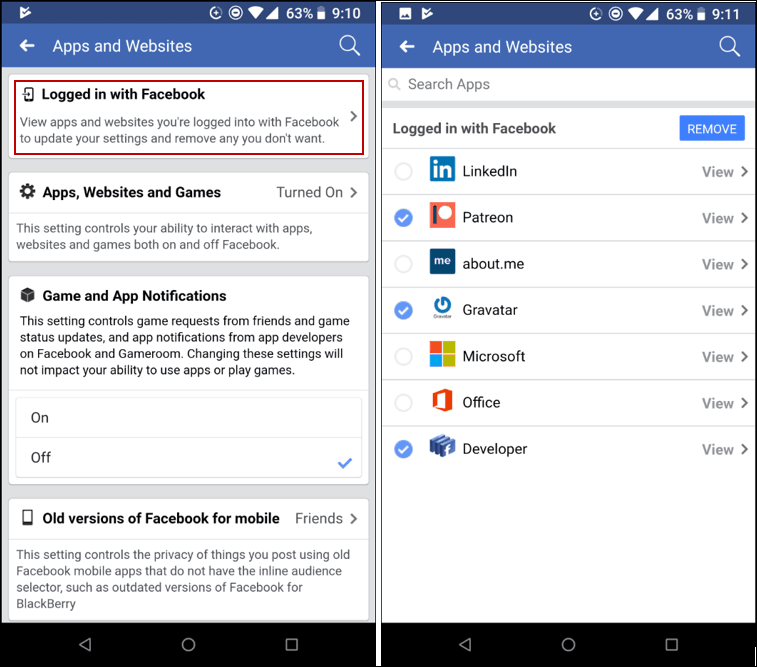 Apps Facebook Mobile'ı Kaldır