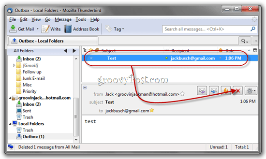 थंडरबर्ड आउटबॉक्स में अनसेंट मैसेज डिलीट करें