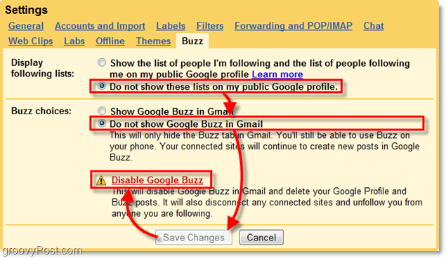 dans les paramètres gmail, cliquez sur l'onglet google buzz