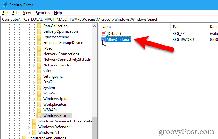 Doppelklicken Sie auf den AllowCortana-Wert in dem Registrierungseditor