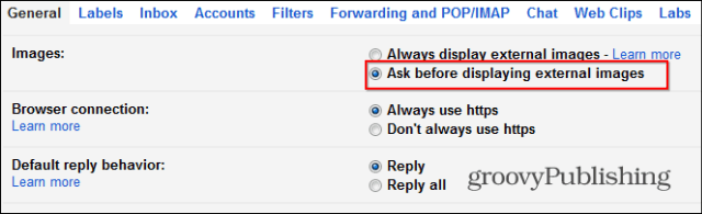 Gmail schakelt de instellingen voor het automatisch laden van afbeeldingen uit