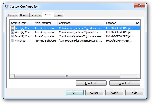 msconfig में अक्षम करें