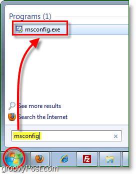 เปิดใช้ msconfig.exe จากเมนูเริ่มต้นใน windows 7