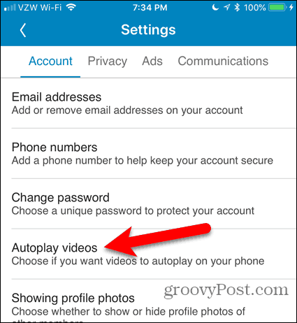 Koppintson a Videók automatikus lejátszása elemre a LinkedIn alkalmazásban