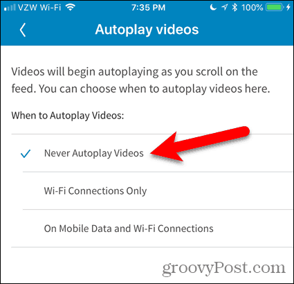 Koppintson a Soha ne indítson el videókat automatikusan lejátszásra a LinkedIn alkalmazásban