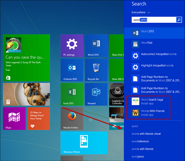 Slik deaktiverer du webresultater i Windows 8 Search