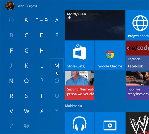 पहले अक्षर से ऐप्स विंडोज 10 स्टार्ट