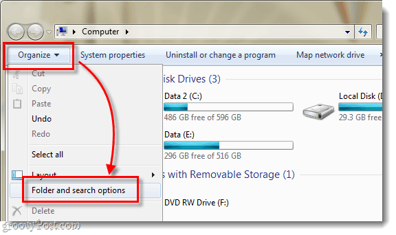 windows 7 explorer organize ve oflder ve arama seçenekleri