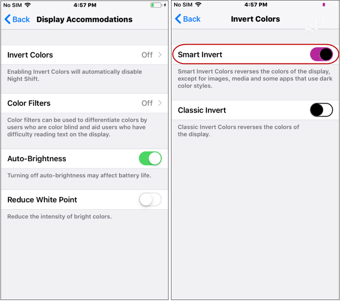 iOS Karanlık Mod Ayarları renkleri tersine çevirir