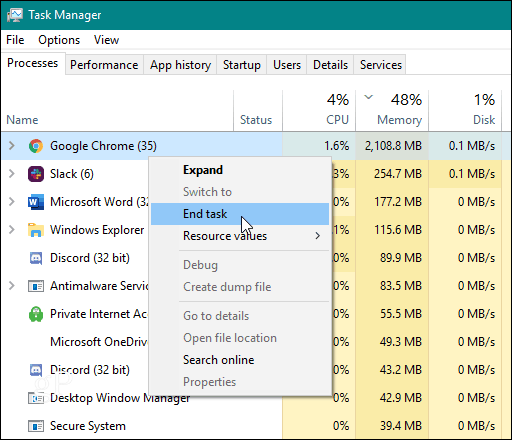 Menedżer zadań kończy Chrome