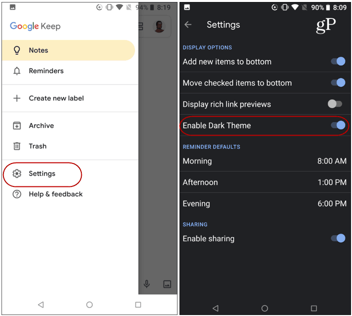Modo escuro Google Keep