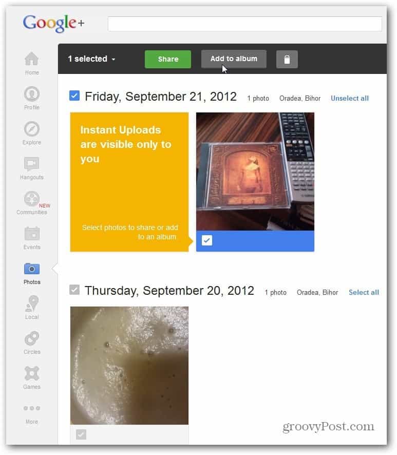 Google plus Instant Upload map delen toevoegen aan album