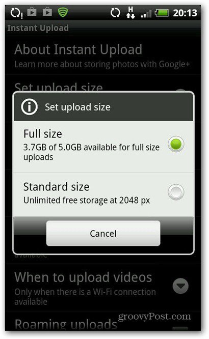 Google Plus Instant uploadgrootte kiezen