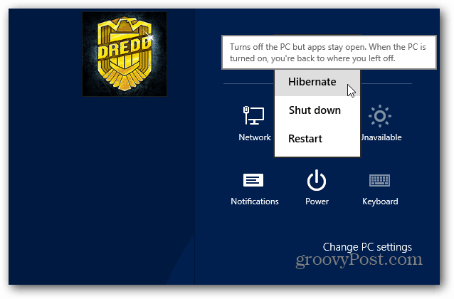 Hibernează butonul de pornire Windows 8