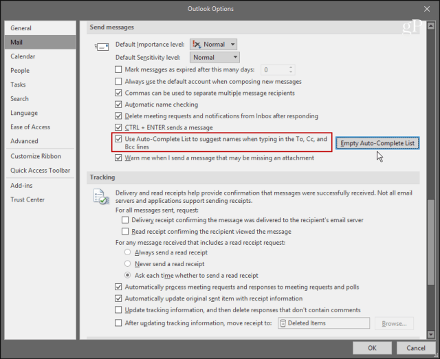 Come abilitare o disabilitare l'elenco di completamento automatico in Outlook 2016