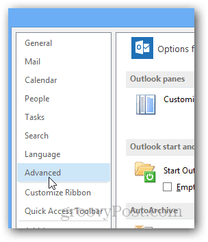 Outlook Schakel herinneringsgeluiden in of uit: Klik op Geavanceerd