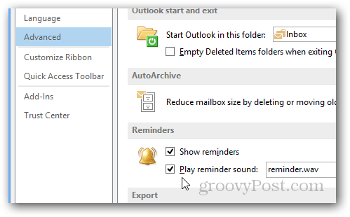 Outlook Aktiver eller deaktiver påmindelseslyde: Marker afkrydsningsfelter for indstillinger