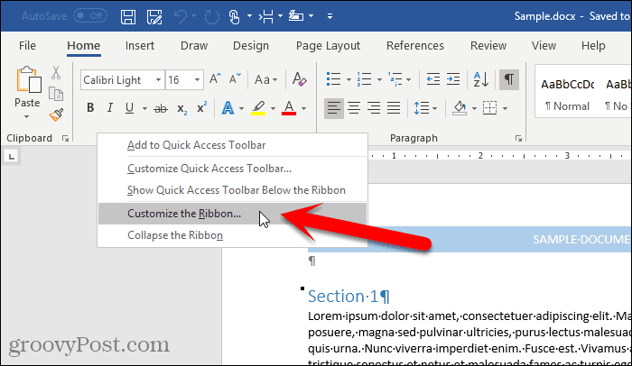 Sélectionnez Personnaliser le ruban dans Word