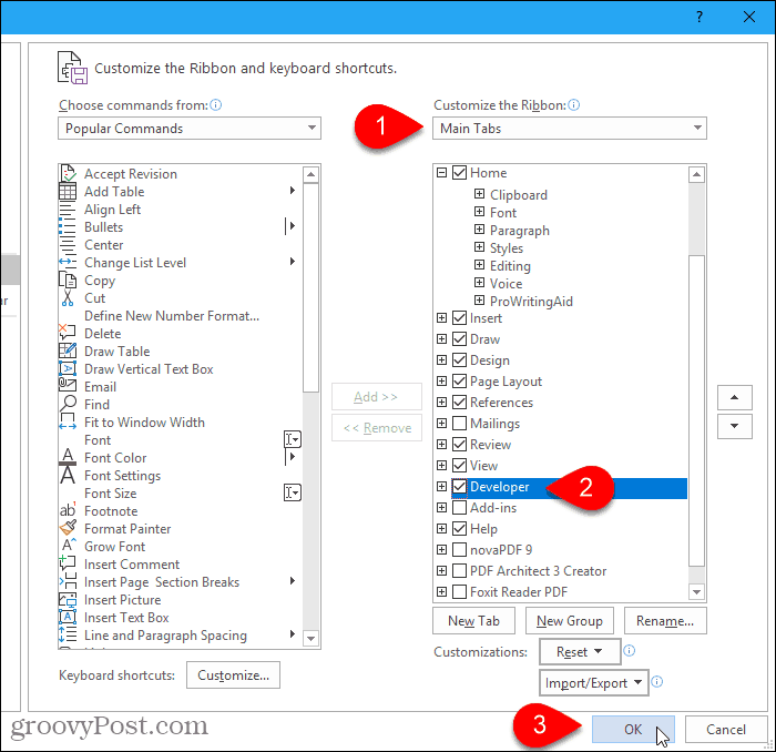 Cochez la case Développeur dans la boîte de dialogue Options et cliquez sur OK.