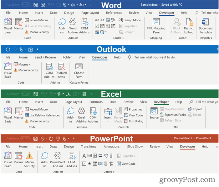 Onglets de développeur dans les programmes Microsoft Office