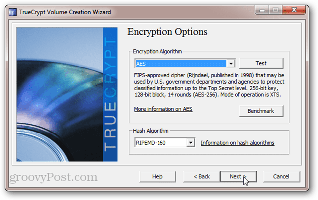 אפשרויות הצפנת TrueCrypt: AES, SerpentFish, Twofish, Cascades