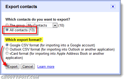 ส่งออกประเภทที่อยู่ติดต่อของ Gmail แอป google