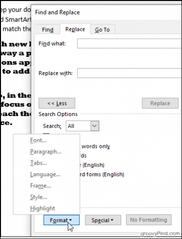 Haga clic en Buscar formato en Word