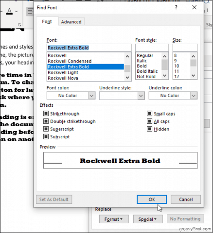 Abra la ventana de Word Find Font