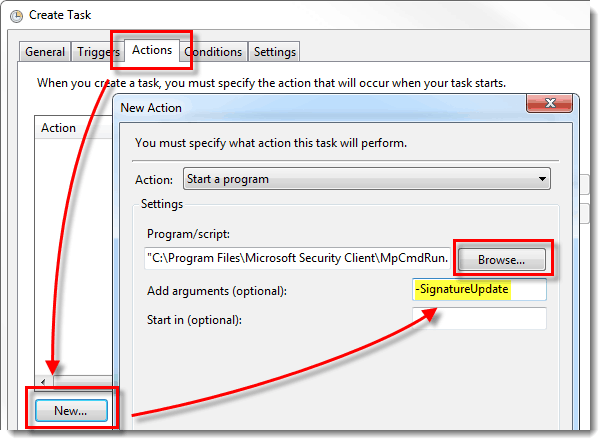 Attribuez les actions appropriées avec l'argument -SignatureUpdate