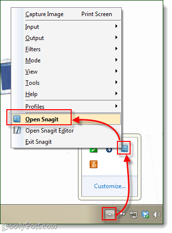 ανοίξτε snagit από το δίσκο συστήματος των Windows 7