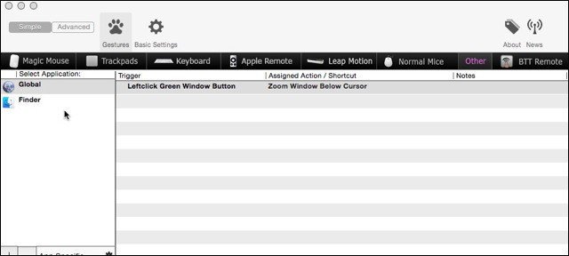 Configurações do BetterTouchTool no Yosemite
