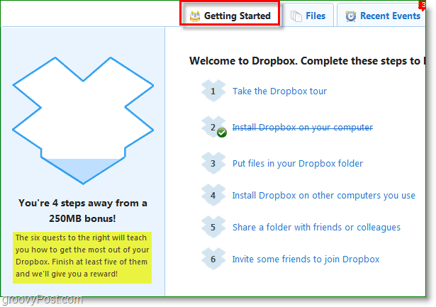 Captura de tela do Dropbox - como obter 250mb extra rápido