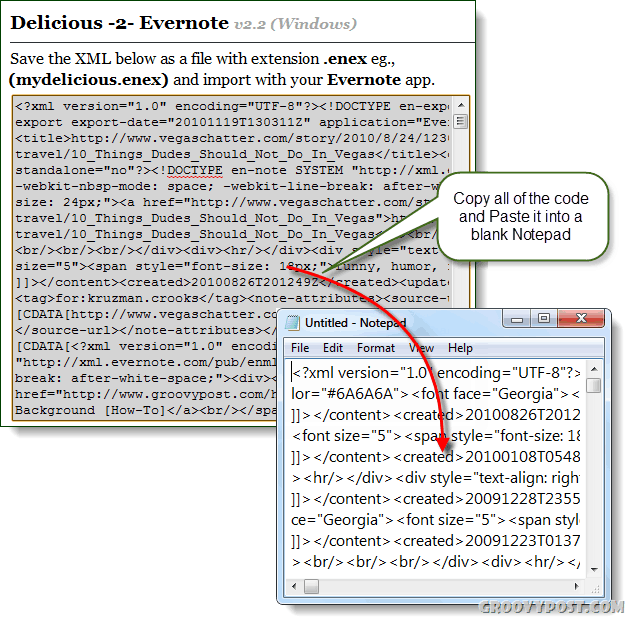 Kopieren Sie köstliche 2 evernote konvertierte XML in Notepad